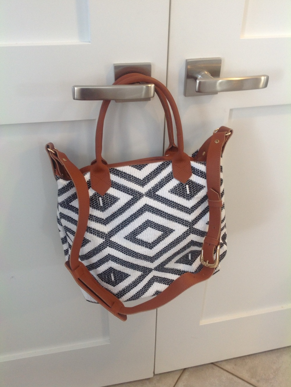 Tribe Alive Black & White Geometric Shoulder Tote with Brown Trim